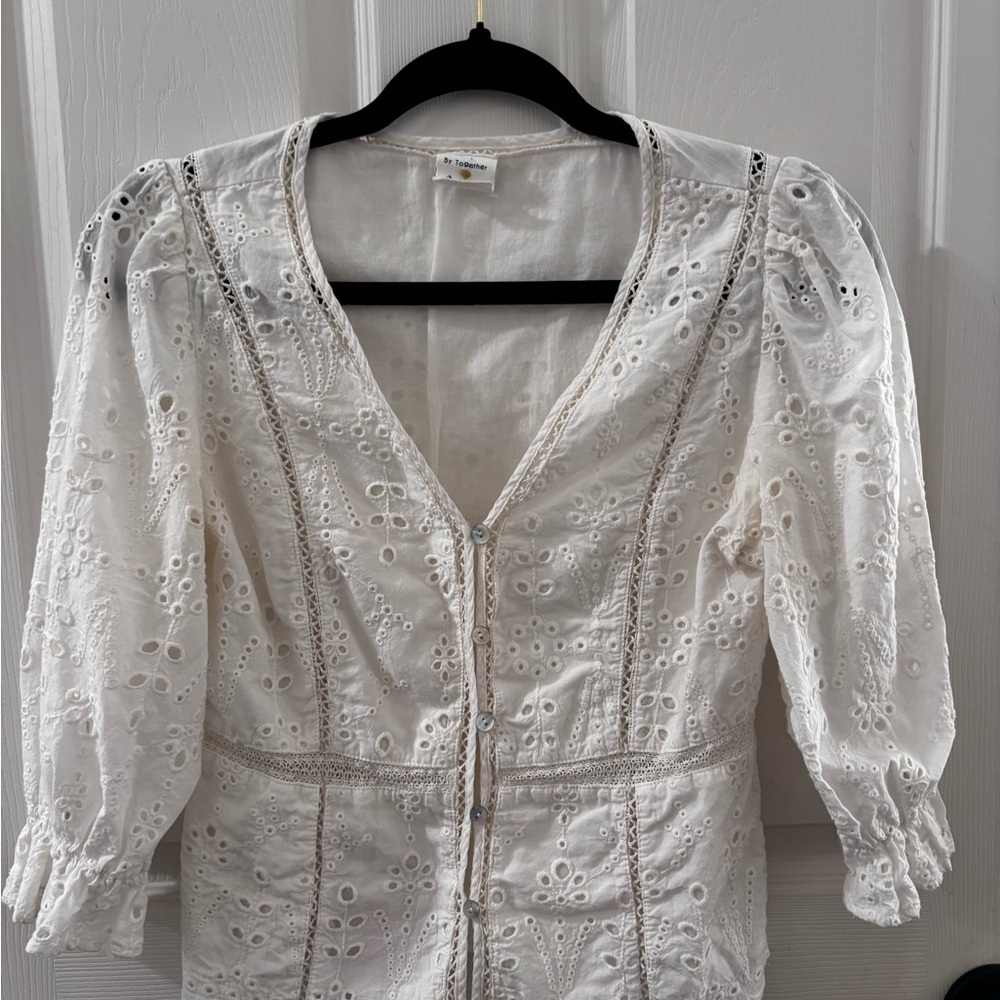 White Eyelet Button-Up Blouse